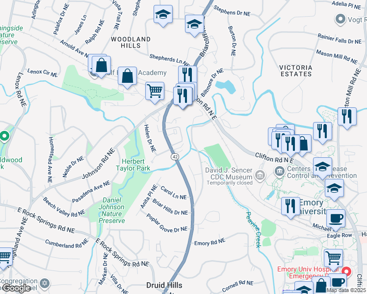 map of restaurants, bars, coffee shops, grocery stores, and more near 1635 Briarcliff Road Northeast in Atlanta