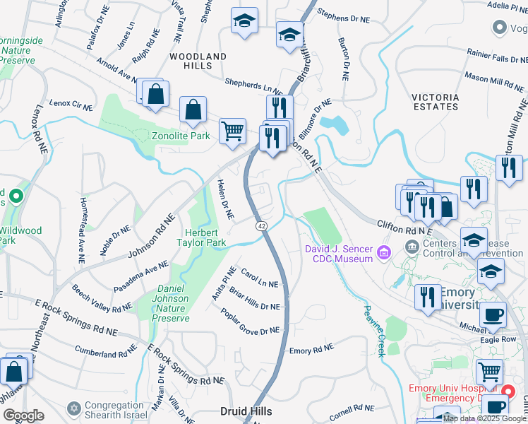 map of restaurants, bars, coffee shops, grocery stores, and more near 1647 Briarcliff Road Northeast in Atlanta