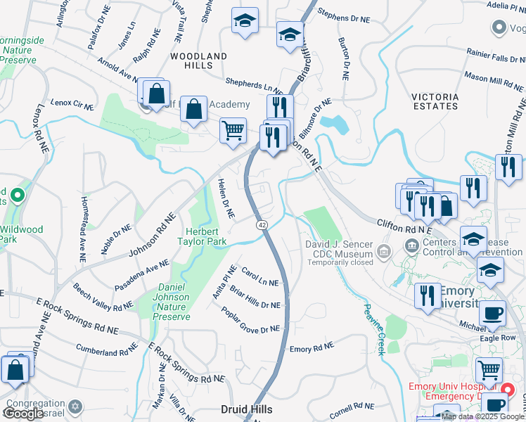 map of restaurants, bars, coffee shops, grocery stores, and more near 1519 Kay Lane Northeast in Atlanta