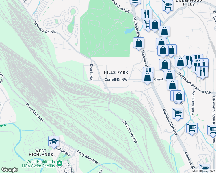 map of restaurants, bars, coffee shops, grocery stores, and more near 1684 Marietta Road Northwest in Atlanta