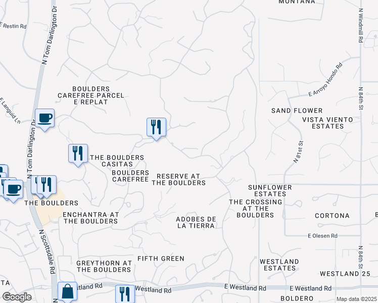 map of restaurants, bars, coffee shops, grocery stores, and more near 7725 East Old Paint Trail in Scottsdale