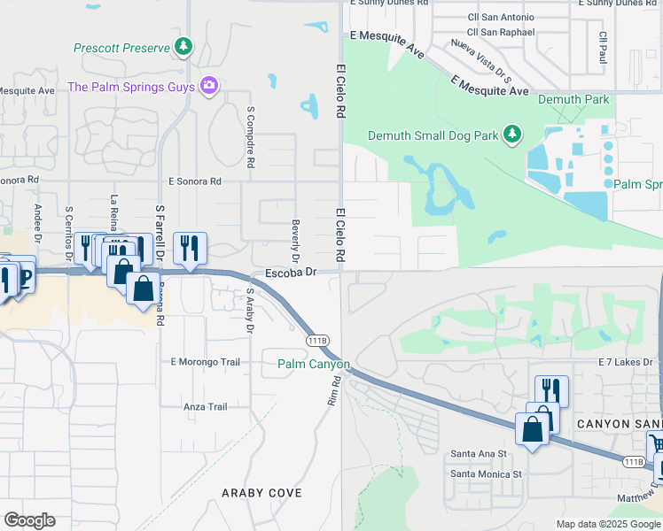 map of restaurants, bars, coffee shops, grocery stores, and more near 1849 El Cielo Road in Palm Springs