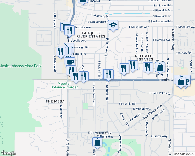 map of restaurants, bars, coffee shops, grocery stores, and more near 650 East Palm Canyon Drive in Palm Springs