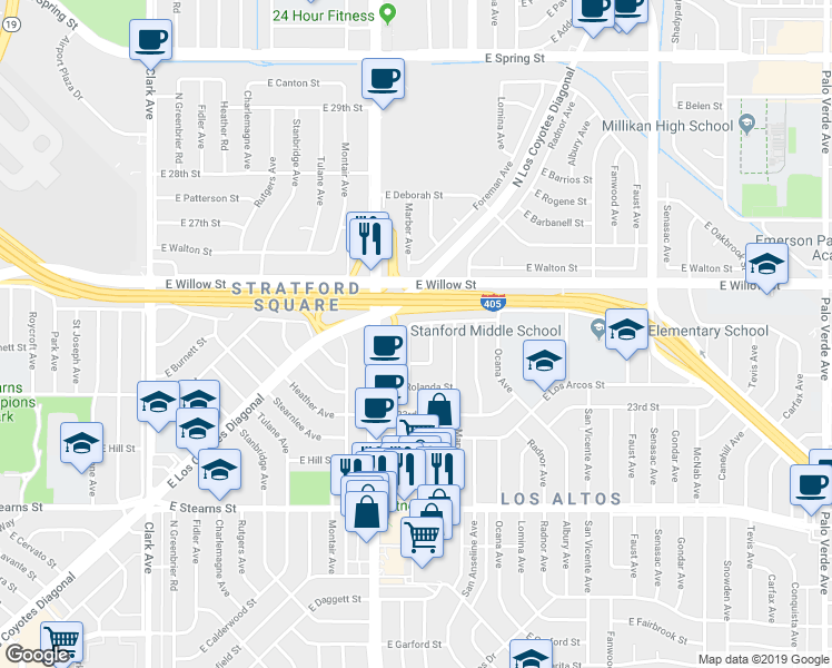map of restaurants, bars, coffee shops, grocery stores, and more near 2430 Marber Avenue in Long Beach