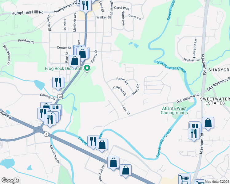 map of restaurants, bars, coffee shops, grocery stores, and more near 150 Meadowlark Place in Austell