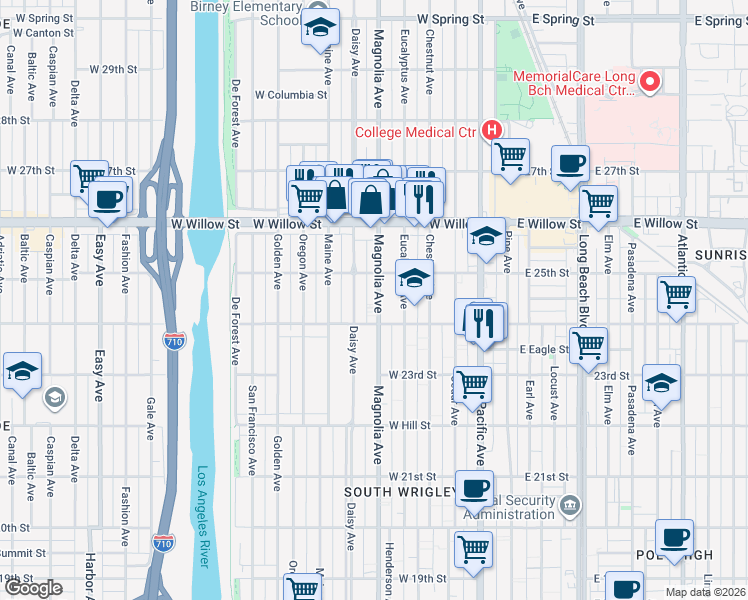 map of restaurants, bars, coffee shops, grocery stores, and more near 2443 Magnolia Avenue in Long Beach