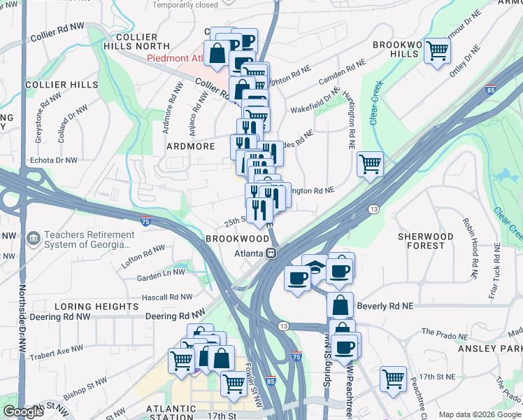 map of restaurants, bars, coffee shops, grocery stores, and more near 1740 Peachtree Street Northwest in Atlanta