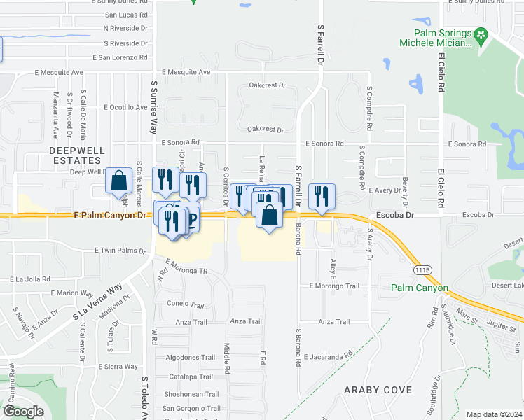 map of restaurants, bars, coffee shops, grocery stores, and more near 2290 Palm Canyon Drive in Palm Springs