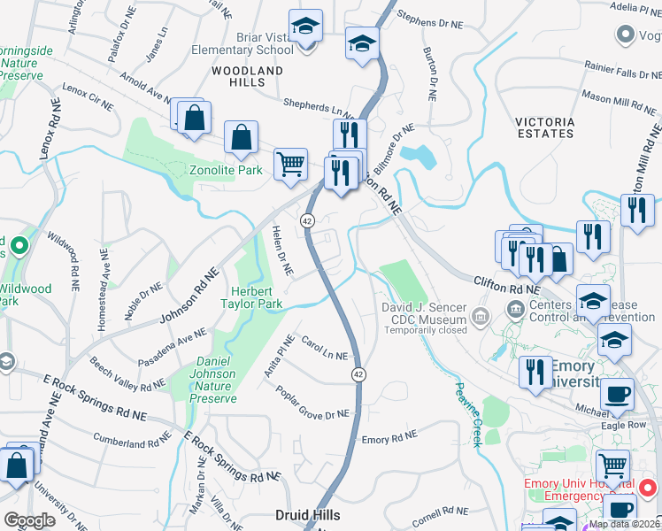 map of restaurants, bars, coffee shops, grocery stores, and more near 1647 Briarcliff Road Northeast in Atlanta