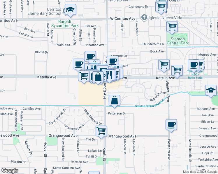 map of restaurants, bars, coffee shops, grocery stores, and more near 4226 Auburn Way in Stanton