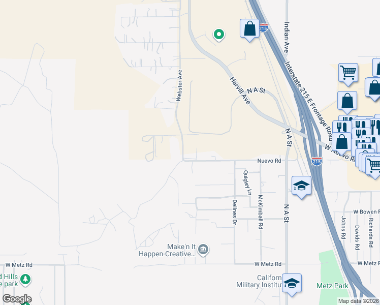 map of restaurants, bars, coffee shops, grocery stores, and more near 683 Nuevo Road in Perris