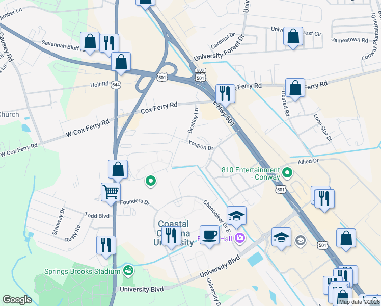 map of restaurants, bars, coffee shops, grocery stores, and more near 1025 Carolina Road in Conway