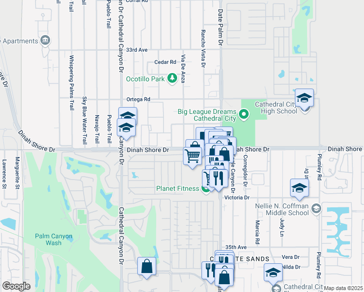 map of restaurants, bars, coffee shops, grocery stores, and more near 2 Coble Drive in Cathedral City