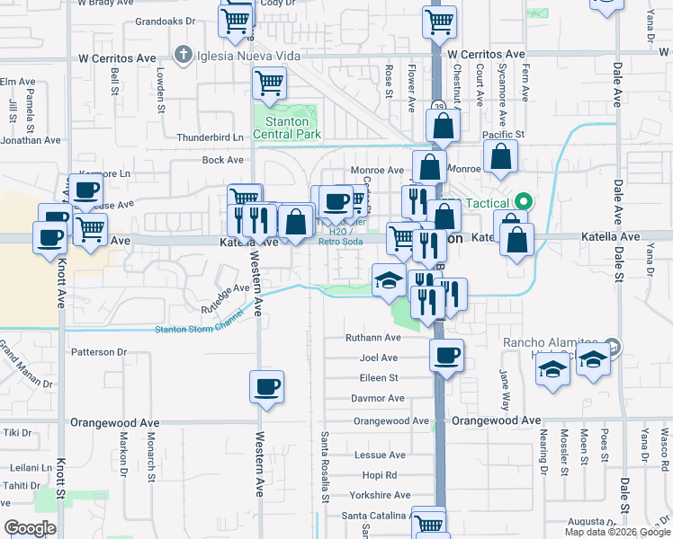 map of restaurants, bars, coffee shops, grocery stores, and more near 18 Redwood Court in Stanton