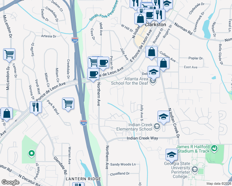map of restaurants, bars, coffee shops, grocery stores, and more near 966 Glynn Oaks Drive in Clarkston