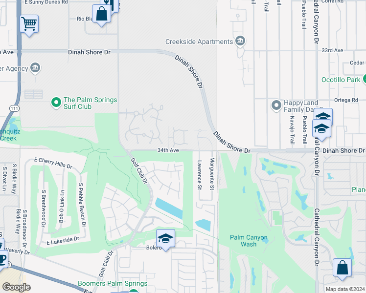 map of restaurants, bars, coffee shops, grocery stores, and more near 6213 Paseo De La Palma in Palm Springs