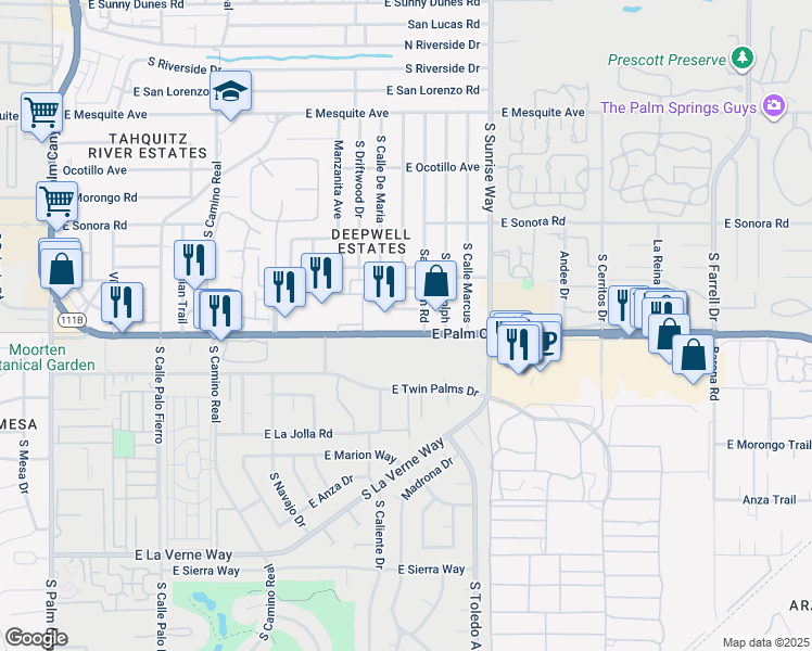 map of restaurants, bars, coffee shops, grocery stores, and more near 1400 East Palm Canyon Drive in Palm Springs