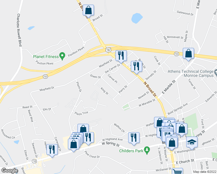 map of restaurants, bars, coffee shops, grocery stores, and more near 510 King Street in Monroe