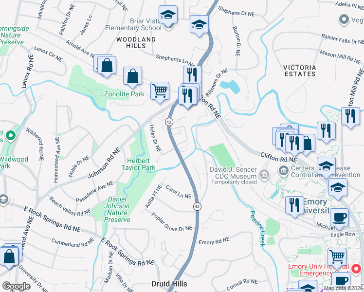 map of restaurants, bars, coffee shops, grocery stores, and more near 1519 Kay Lane Northeast in Atlanta