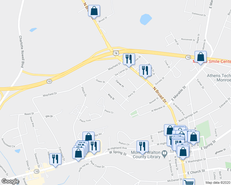 map of restaurants, bars, coffee shops, grocery stores, and more near 521 Green Street in Monroe