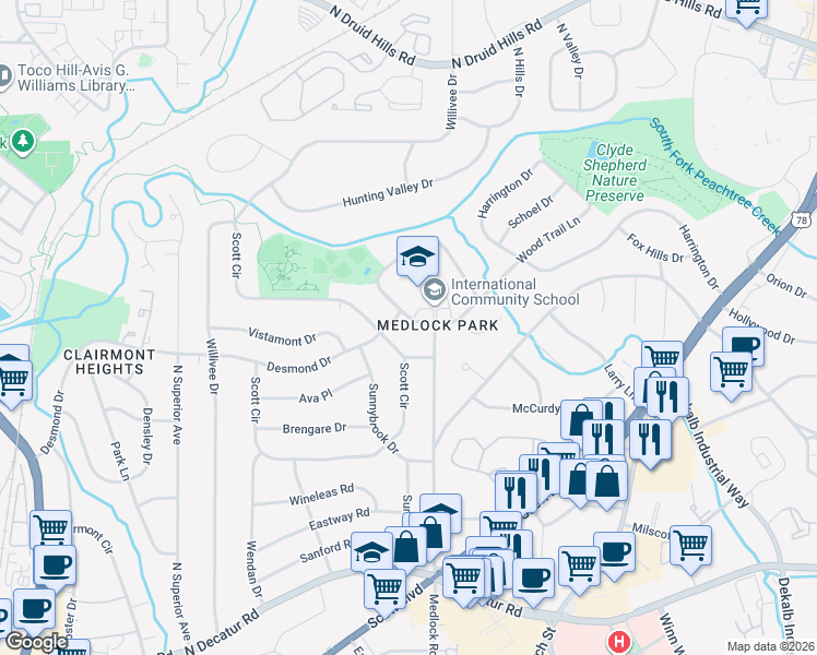 map of restaurants, bars, coffee shops, grocery stores, and more near 820 Gaylemont Circle in Decatur