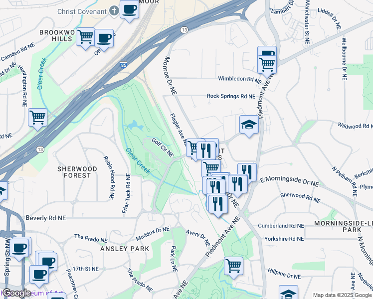 map of restaurants, bars, coffee shops, grocery stores, and more near 1720 Flagler Avenue Northeast in Atlanta