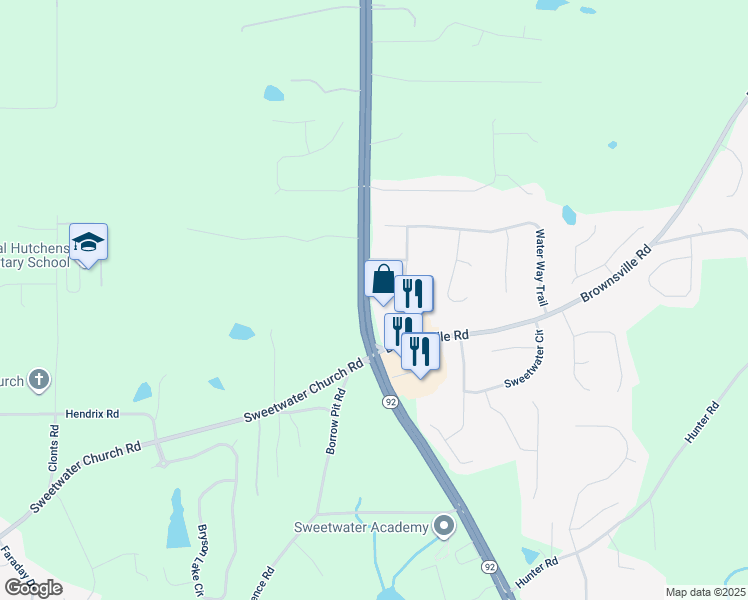 map of restaurants, bars, coffee shops, grocery stores, and more near 6391 Hiram Douglasville Highway in Powder Springs