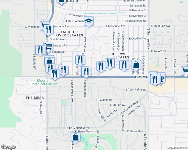 map of restaurants, bars, coffee shops, grocery stores, and more near 930 East Palm Canyon Drive in Palm Springs