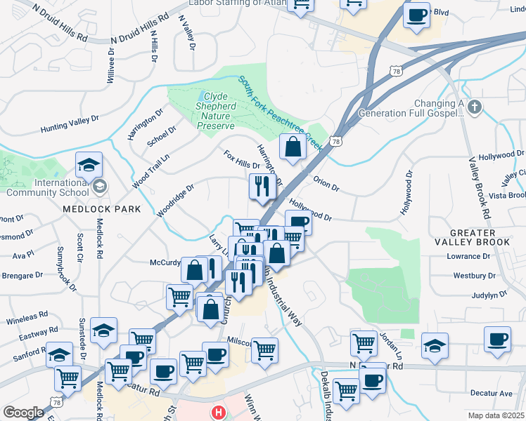 map of restaurants, bars, coffee shops, grocery stores, and more near 1826 Lawrenceville Highway in Decatur