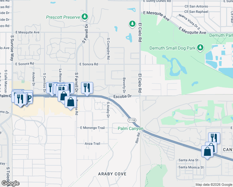 map of restaurants, bars, coffee shops, grocery stores, and more near 2950 Escoba Drive in Palm Springs