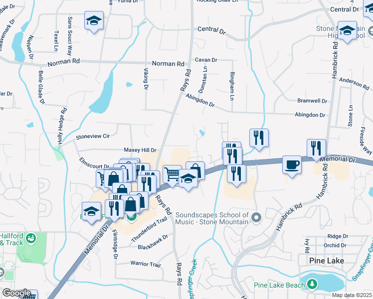 map of restaurants, bars, coffee shops, grocery stores, and more near 813 Rays Court in Stone Mountain