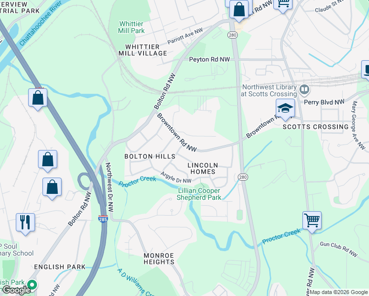 map of restaurants, bars, coffee shops, grocery stores, and more near 2815 Revere Drive Northwest in Atlanta