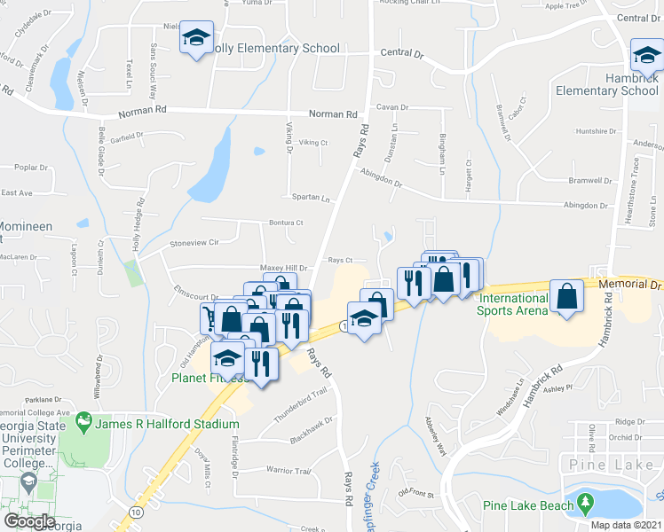 map of restaurants, bars, coffee shops, grocery stores, and more near 805 Rays Court in Stone Mountain