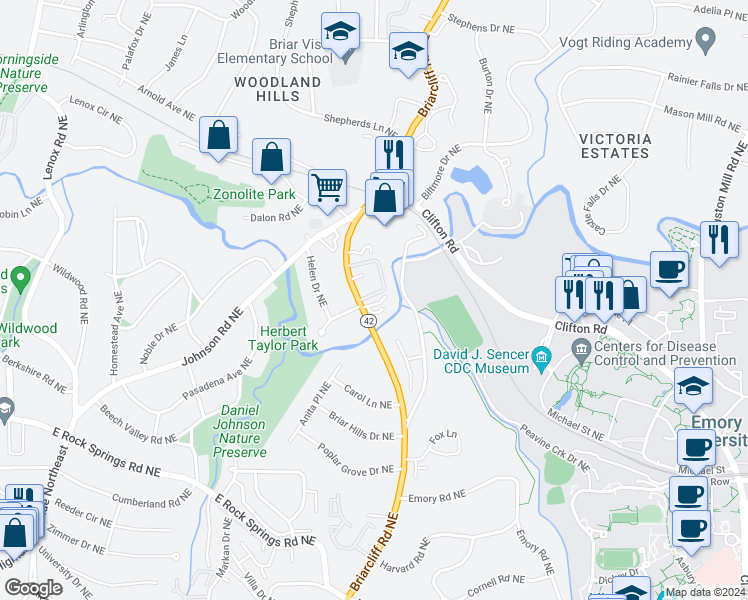map of restaurants, bars, coffee shops, grocery stores, and more near 1647 Briarcliff Road Northeast in Atlanta