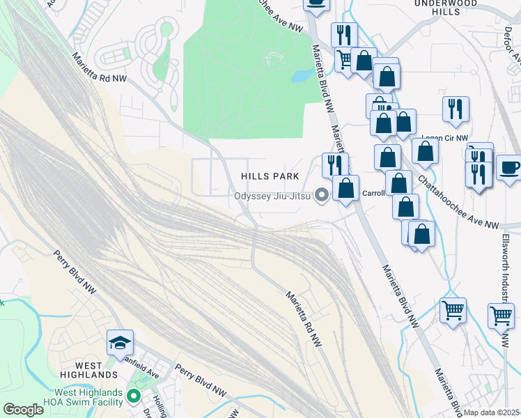 map of restaurants, bars, coffee shops, grocery stores, and more near 1671 Laurel Avenue Northwest in Atlanta