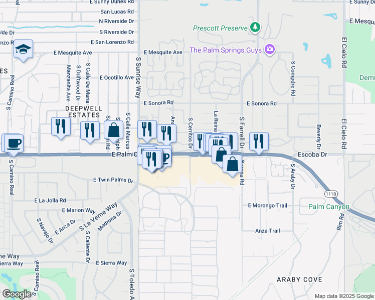 map of restaurants, bars, coffee shops, grocery stores, and more near Palm Canyon Drive in Palm Springs