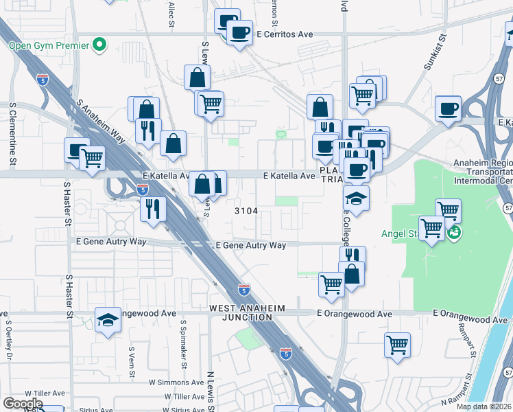map of restaurants, bars, coffee shops, grocery stores, and more near 1874 South Santa Cruz Street in Anaheim