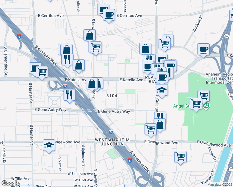 map of restaurants, bars, coffee shops, grocery stores, and more near 1866 South Westside Drive in Anaheim