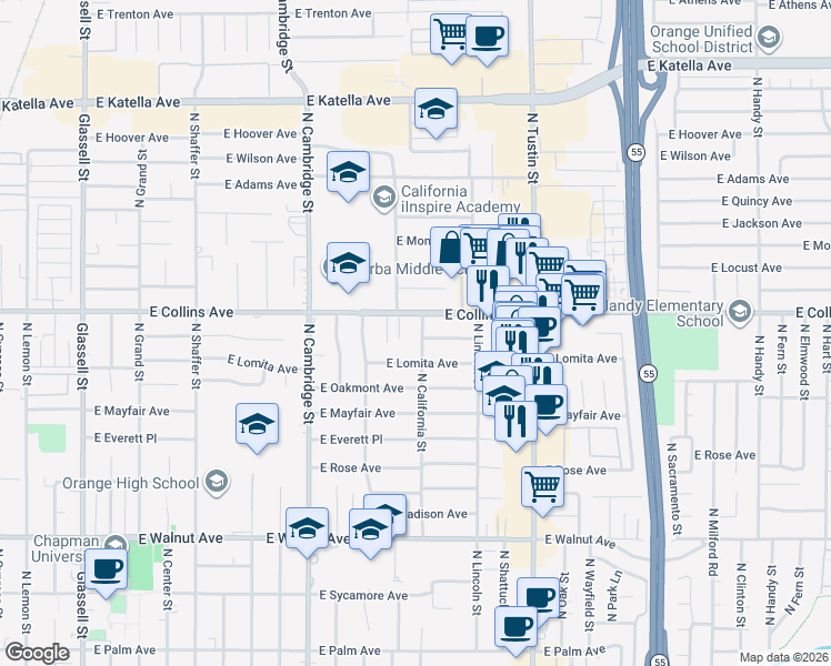 map of restaurants, bars, coffee shops, grocery stores, and more near 1305 East Lomita Avenue in Orange