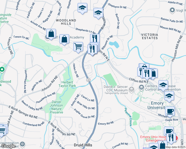 map of restaurants, bars, coffee shops, grocery stores, and more near 1635 Briarcliff Road Northeast in Atlanta