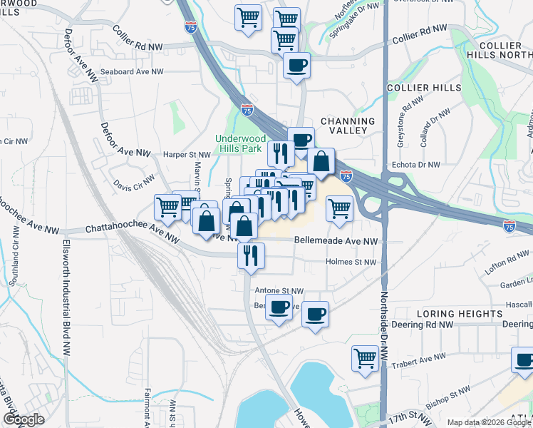 map of restaurants, bars, coffee shops, grocery stores, and more near 1751 Howell Mill Road Northwest in Atlanta