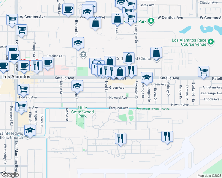 map of restaurants, bars, coffee shops, grocery stores, and more near 4272 Green Avenue in Los Alamitos