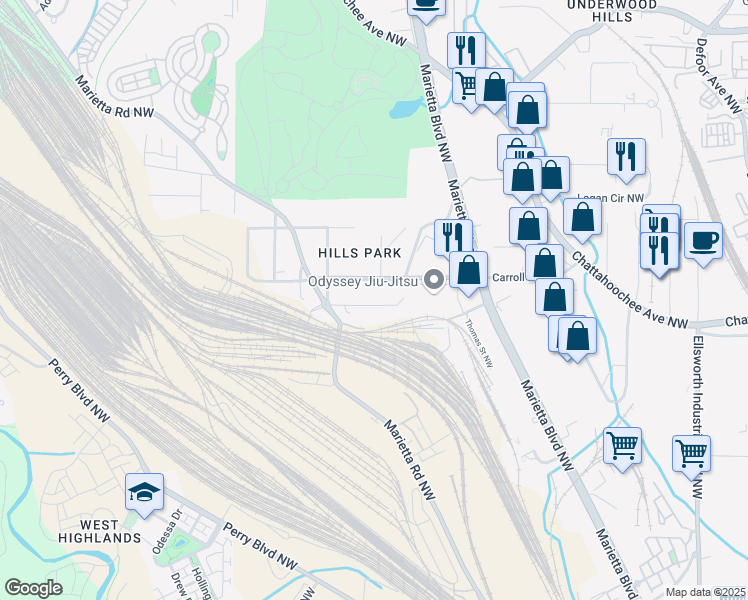 map of restaurants, bars, coffee shops, grocery stores, and more near 1637 Laurel Avenue Northwest in Atlanta