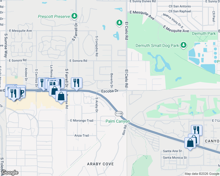 map of restaurants, bars, coffee shops, grocery stores, and more near 3015 Escoba Drive in Palm Springs
