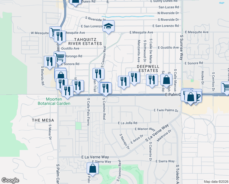 map of restaurants, bars, coffee shops, grocery stores, and more near 905 Oceo Circle South in Palm Springs
