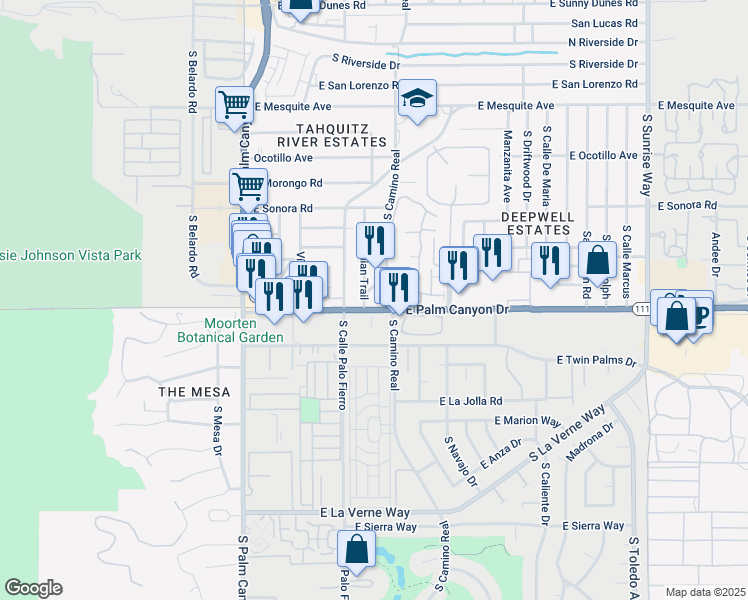 map of restaurants, bars, coffee shops, grocery stores, and more near 701 East Palm Canyon Drive in Palm Springs