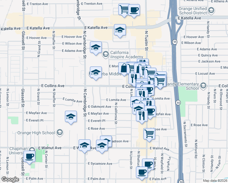 map of restaurants, bars, coffee shops, grocery stores, and more near 1305 East Lomita Avenue in Orange
