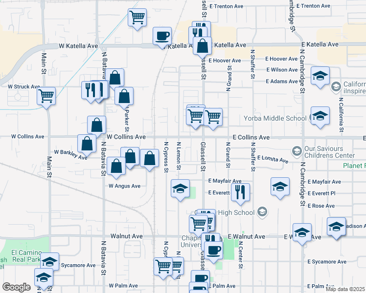map of restaurants, bars, coffee shops, grocery stores, and more near 829 North Lemon Street in Orange