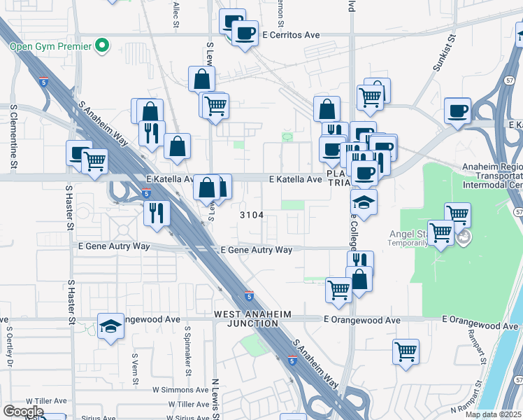 map of restaurants, bars, coffee shops, grocery stores, and more near 1874 South Santa Cruz Street in Anaheim