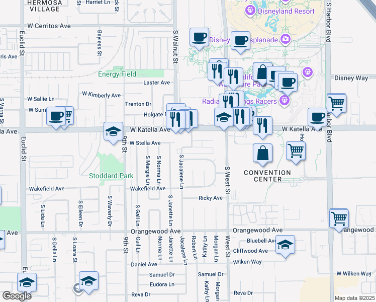 map of restaurants, bars, coffee shops, grocery stores, and more near 1168 West Dewey Drive in Anaheim